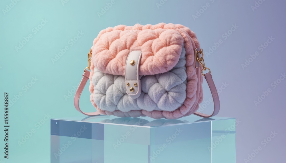 Poster stylish and unique handbag displayed on a transparent glass cube with soft colors relevant