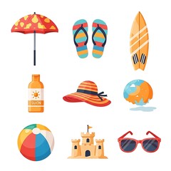 Collection of colorful beach essentials including an umbrella flip flops surfboard sunscreen hat beach ball sandcastle and sunglasses