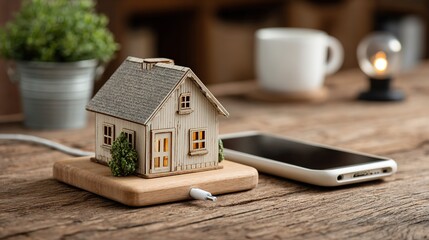 Smart Home and IoT Concept. Smartphone and Miniature House on Wood Table. Modern Technology and Automation for Connected Living.