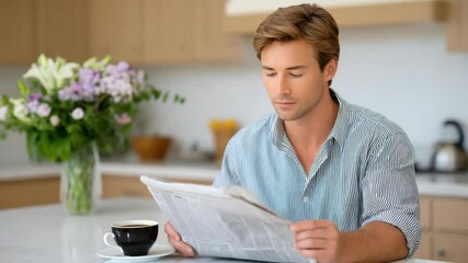 Young Man Reading Newspaper While Enjoying Coffee in a Modern Kitchen with Fresh Flowers