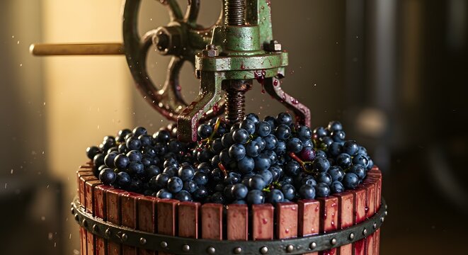 Wine Production Capturing the Essence of Grapes - Traditional Pressing of Wine Grapes. A Close-up Shot of the Grape Press
