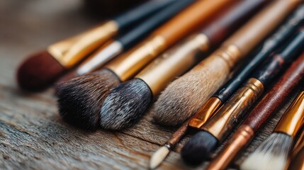 Fototapeta premium close-up of different makeup brushes on a table