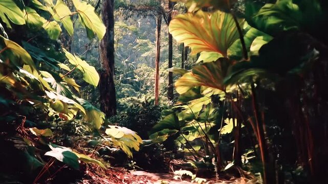 Lush tropical foliage in a dense forest.