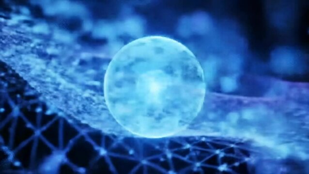 Blue glowing orb on a futuristic network mesh, seamless looping 4k time-lapse animation video background
