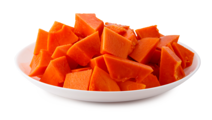 Ripe Holland papaya with smooth orange skin and vibrant flesh. Cut into pieces on a white ceramic plate, isolated on a transparent background