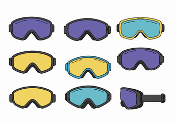 Set of colorful ski and snowboard goggles illustrations in various angles and lens colors