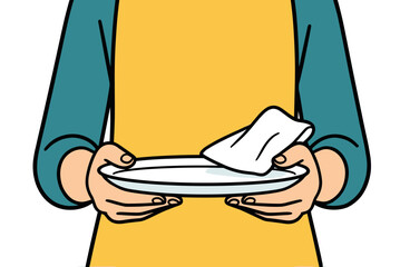 Illustration of a person wiping a plate with a cloth, promoting cleanliness and hygiene in the kitchen