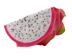 Red dragon fruit halves and slices showing juicy flesh on a transparent background