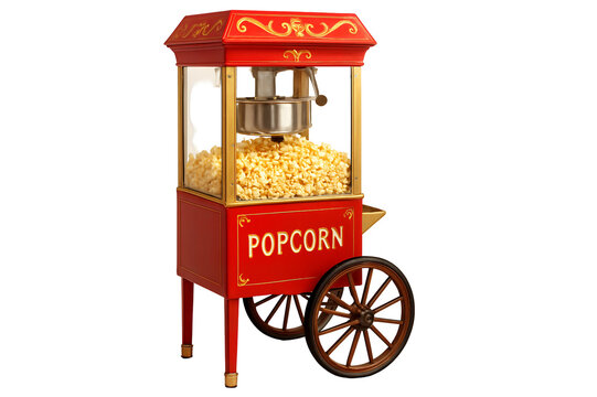 A red popcorn machine with gold trim and wheels filled with freshly popped popcorn on a black background