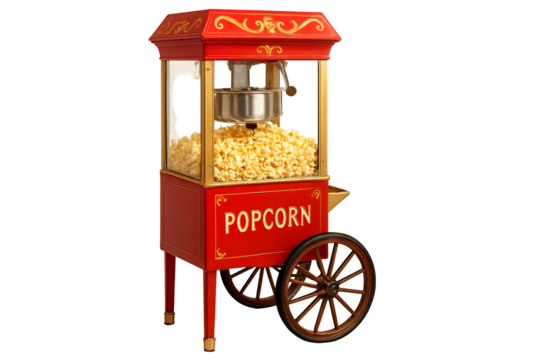 A red popcorn machine with gold trim and wheels filled with freshly popped popcorn on a black background