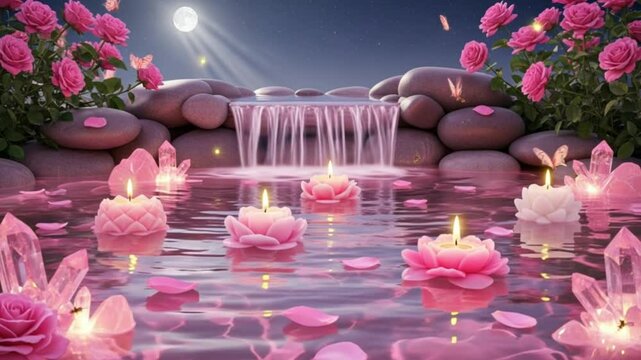 Serene water scene, tranquil waterfall surrounded by pink flowers and glowing candles, perfect for relaxation or meditation.