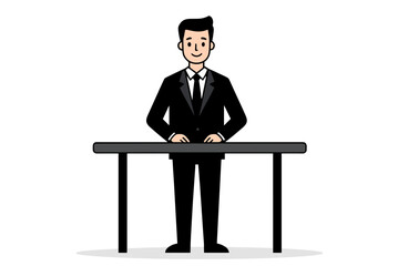 Obraz premium Illustration of a Man in a Black Suit Standing Behind a Table, Cartoon Style