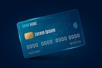 Hi-tech bank card with electronic circuit details and world map on blue background. Credit card with chip and contactless icon for fintech, online payments, and secure transactions. Vector.