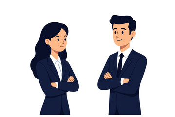 Professional Business People Illustration: Confident Man and Woman in Suits with Arms Crossed