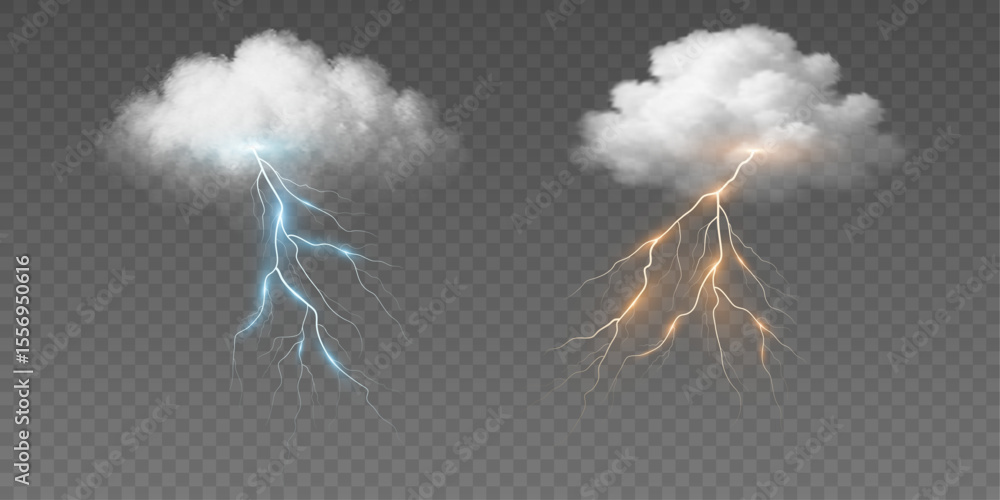 Poster golden and blue lightning bolts striking from a realistic fluffy cloud on a transparent background. 