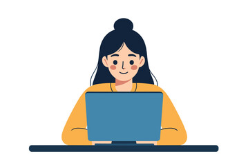 Illustration of a Young Woman Working on a Laptop with a Cheerful Expression, Flat Design Style