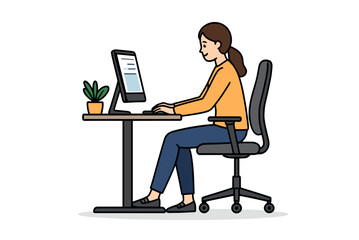 Woman Working on Computer at Desk in Office Illustration with Plant and Ergonomic Chair