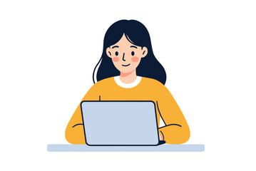 Young Woman Working on Laptop Computer, Flat Vector Illustration of Remote Work and Online Communication
