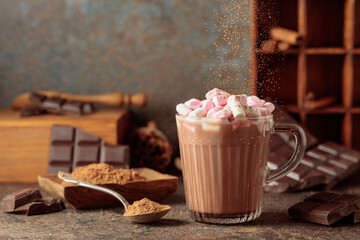Hot chocolate drink with marshmallows sprinkled with cocoa powder.