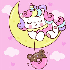 cute unicorn sleep on moon holding chocolate bear donut for world chocolate day card