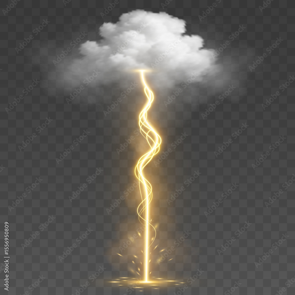 Poster realistic lightning bolt with wavy energy lines striking from a fluffy cloud on a transparent backgr