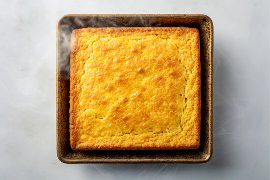 Golden Brown Square Cornbread Baking Pan Steaming golden brown cornbread