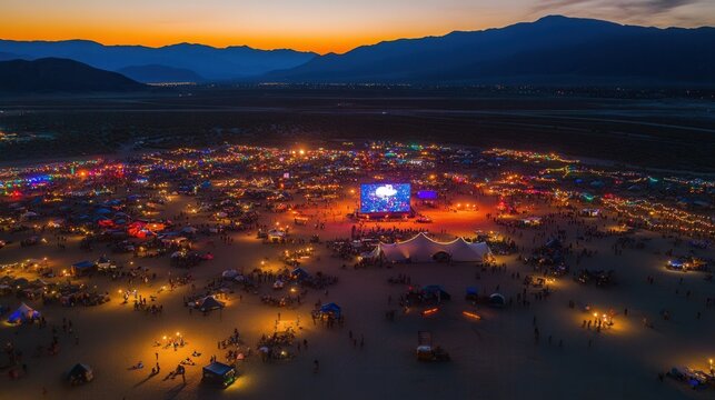 Aerial view shows vibrant nighttime music festival in desert landscape under colorful sunset sky.