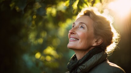 Naklejka premium Portrait of smiling mature woman enjoying wonderful sunny day in nature. Active lifestyle