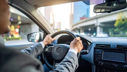 Businessman Driving Car in City Traffic Commute.