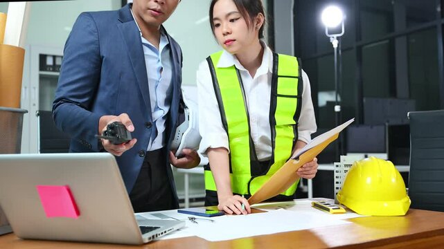 Construction manager and engineer discuss floor plan and project safety with tablet and blueprints