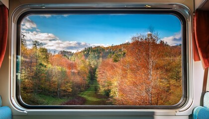 Fototapeta premium Autumn Forest Scenery Viewed from Train Window