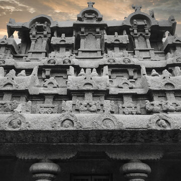 Intricate Stone Carvings of Nakula Ratha of Panch rathas Mahabalipuram Temple Gopuram, Tamil Nadu.
