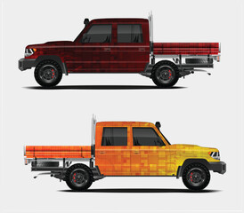 Two Flatbed Trucks with Abstract Designs in Red and Orange Colors