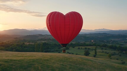 Fototapeta premium A red heart shaped hot air balloon floats over a green field set against a hazy sky and distant hills at dawn