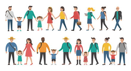 Business team silhouettes: diverse people walking, a collection of workers, men, women, and children