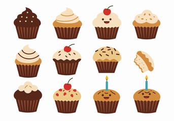 Set of cute cartoon cupcakes with various designs including cherry, sprinkles, bitten, and birthday candle, on white background.