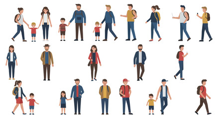 Diverse group of business people, families, and individuals in various poses and walking, presented as a vector silhouette collection