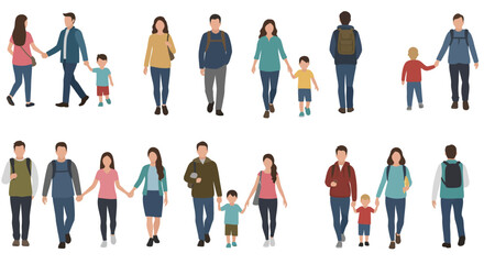 Diverse group of business people, families, and individuals in various poses and walking, presented as a vector silhouette collection