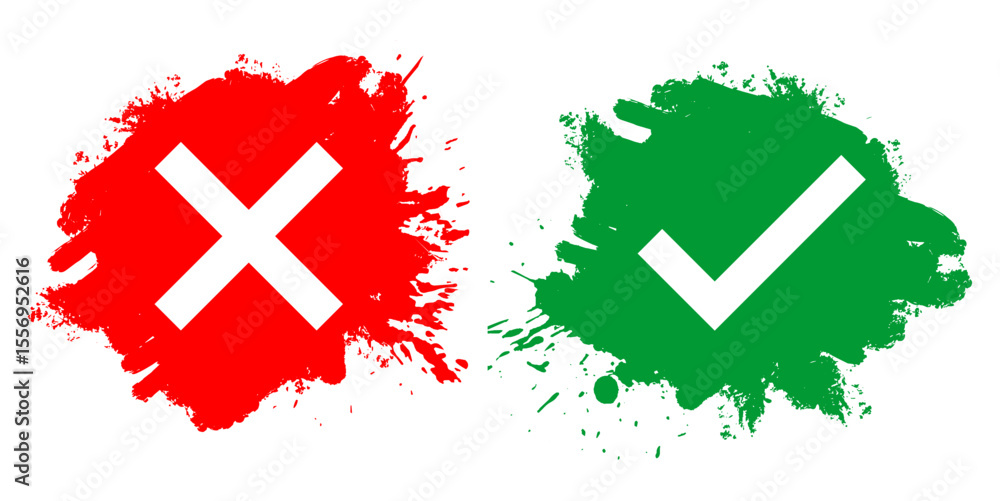 Poster cross wrong and right check with grunge splashes and ink splatters vector, combining validation with