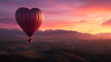 Red heart shaped hot air balloon floats over rolling hills at sunrise with a vibrant pink and orange sky