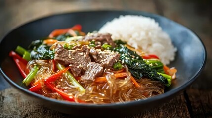 Delicious Asian Noodle Dish with Beef, Vegetables, and Rice