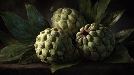 Fototapeta premium A trio of custard apples, resting in a dark, moody, natural setting.