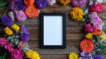 Blank picture frame surrounded by colorful flowers on wood. Generative AI image