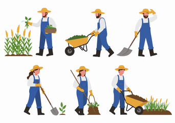 Flat Illustration Set Depicting Various Farming and Gardening Activities Performed by Agricultural Workers