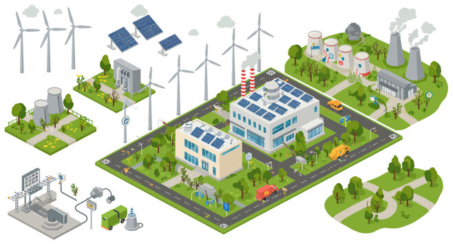 Isometric vector illustration of London city map with buildings streets and trees on a green background