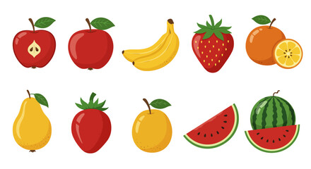 A vibrant collection of fresh fruits and vegetables including apples, strawberries, oranges, bananas, pears, lemons, cherries, peaches, watermelons, kiwis, tomatoes, and peppers
