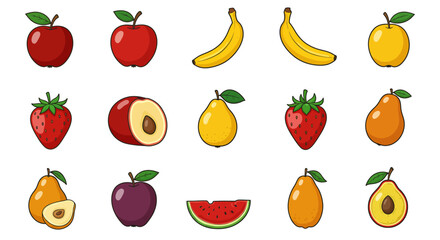 A vibrant collection of fresh fruit and vegetable icons including apple, strawberry, orange, banana, pear, lemon, cherry, tomato, kiwi, pineapple, peach, and watermelon