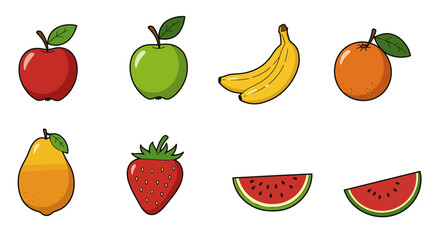 A colorful vector illustration set of fresh fruits and vegetables like apples, oranges, strawberries, and more, perfect for healthy food icons