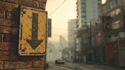 A weathered, yellow warning sign with a diagonal arrow points down on a city street. The sign is mounted on a brick wall. Smoke and haze fill the background.