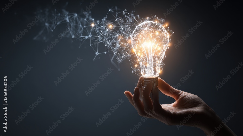Aufkleber a hand holding a glowing lightbulb with a network of lines and dots inside, symbolizing innovation a